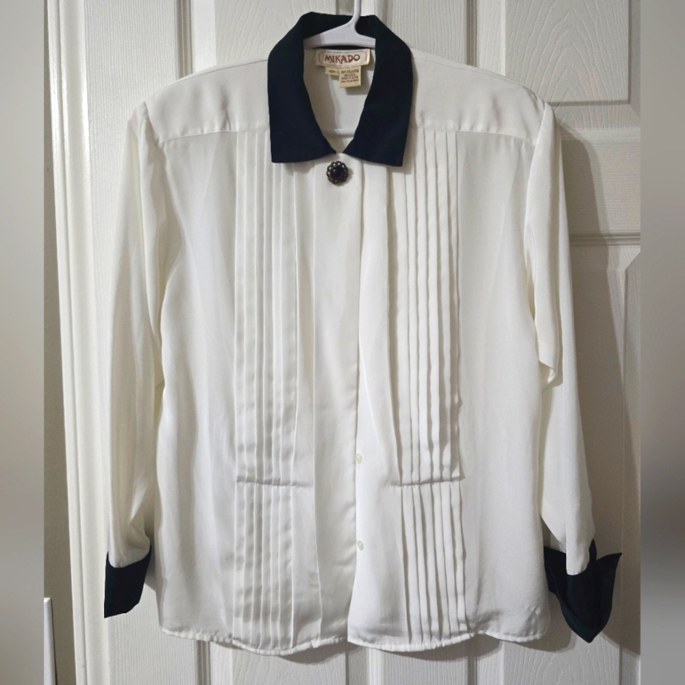 Vintage Mikado Satin Collared Button Up Blouse, White & Black, Pleated, EUC!
